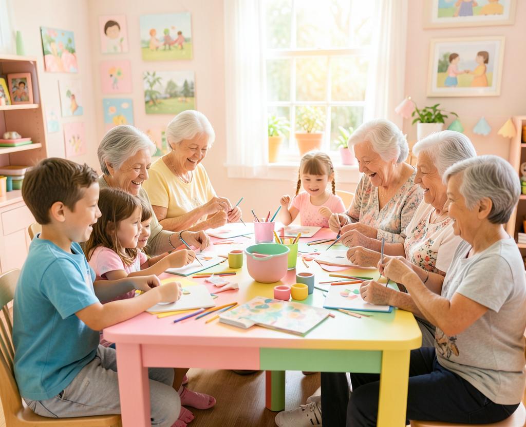 Kinderen en ouderen knutselen samen aan een kleurrijke tafel